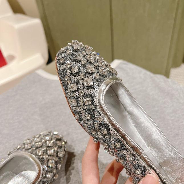 BALLERINAS IN SILVER FABRIC WITH CRYSTAL DETAILING