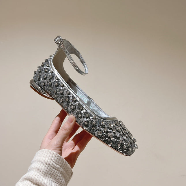 BALLERINAS IN SILVER FABRIC WITH CRYSTAL DETAILING