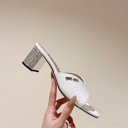 JEWELLED HEEL 55 MULE SANDALS IN WHITE CALFSKIN