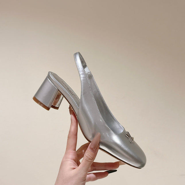 SWING SLINGBACK PUMP 55 MM IN SILVER CALFSKIN