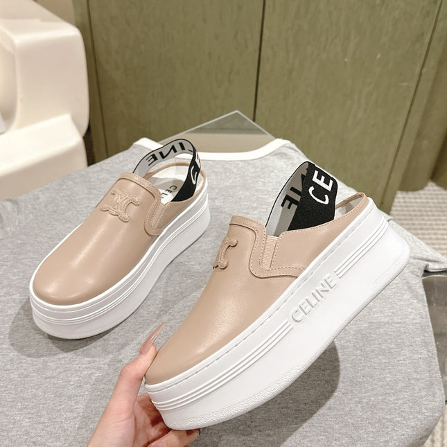 THICK-SOLED ELASTIC BACKLESS SHOES MONGOOSE BEIGE SHINY CALFSKIN