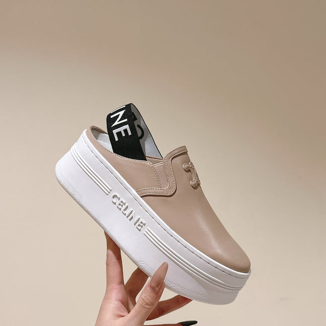 THICK-SOLED ELASTIC BACKLESS SHOES MONGOOSE BEIGE SHINY CALFSKIN