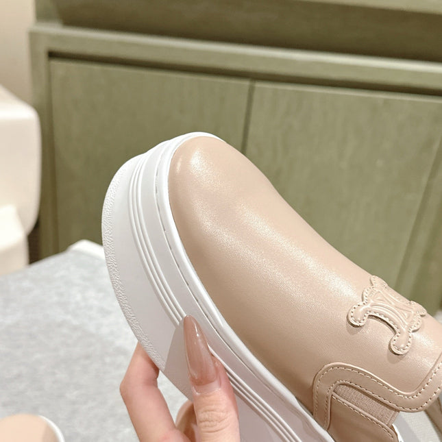 THICK-SOLED ELASTIC BACKLESS SHOES MONGOOSE BEIGE SHINY CALFSKIN