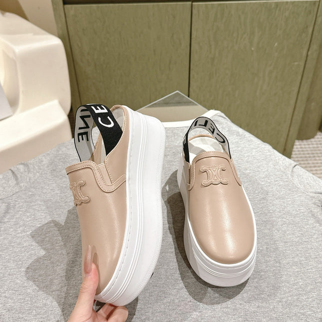 THICK-SOLED ELASTIC BACKLESS SHOES MONGOOSE BEIGE SHINY CALFSKIN