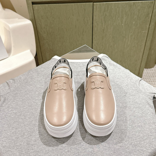 THICK-SOLED ELASTIC BACKLESS SHOES MONGOOSE BEIGE SHINY CALFSKIN