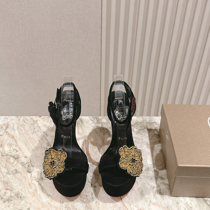 BEADED FLORAL EMBELLISHED STRAPPY SANDALS 135MM IN BLACK VELVET MIX CALFSKIN