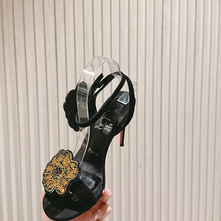 BEADED FLORAL EMBELLISHED SANDALS 135MM IN BLACK VELVET MIX CALFSKIN