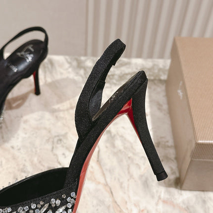 EMBELLISHED QUEENISSIMA SLINGBACK PUMPS 95MM IN BLACK GLITTER CALFSKIN