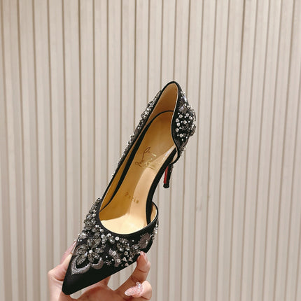EMBROIDERED GLITTER IRIZA PUMPS 105MM IN BLACK SATIN