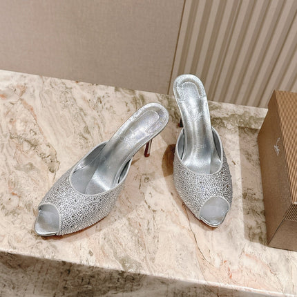 DOLLY STRASS SOLE SLIDE SANDALS 85MM IN SILVER-TONE CALFSKIN