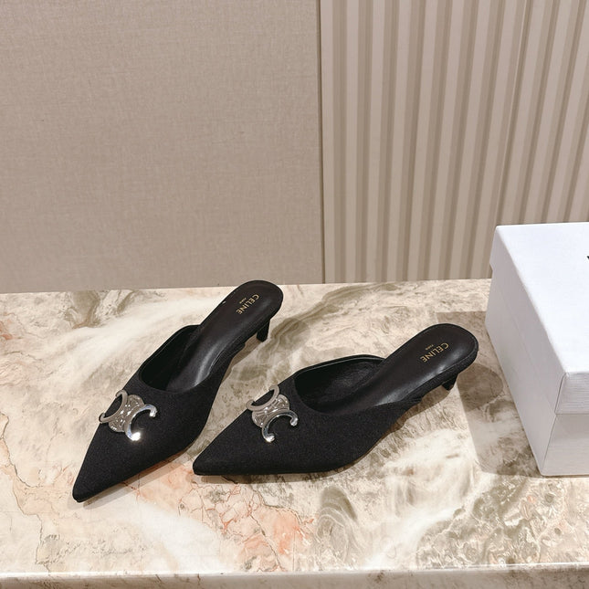 CELINE 25S ALMA TRIOMPHE MULE 45MM IN BLACK DENIM SILVER HARDWARE