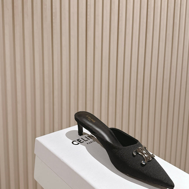 CELINE 25S ALMA TRIOMPHE MULE 45MM IN BLACK DENIM SILVER HARDWARE