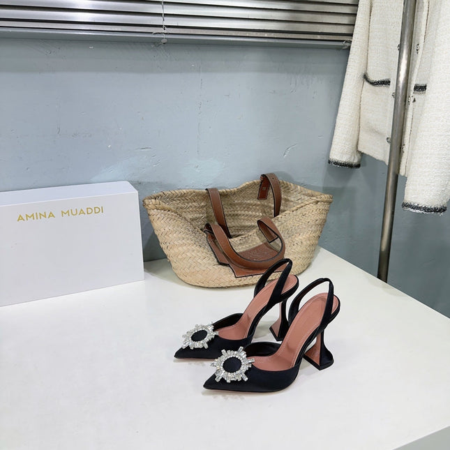 AMINA CRYSTAL 100MM HIGH HEELS IN BLACK SATIN