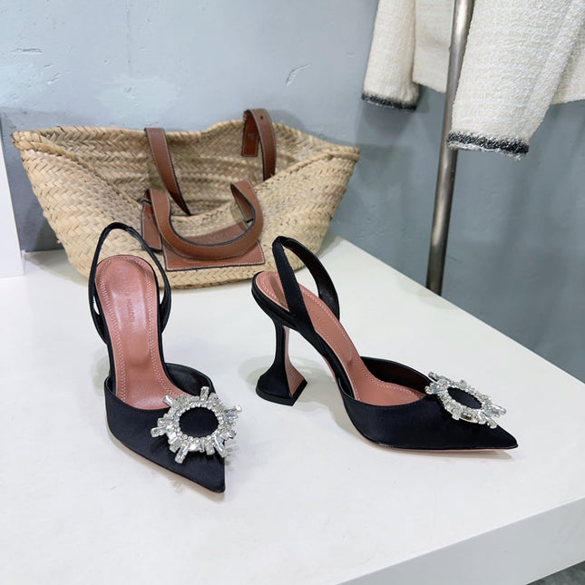 AMINA CRYSTAL 100MM HIGH HEELS IN BLACK SATIN