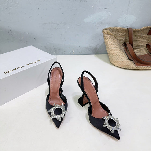 AMINA CRYSTAL 100MM HIGH HEELS IN BLACK SATIN
