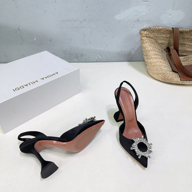 AMINA CRYSTAL 100MM HIGH HEELS IN BLACK SATIN
