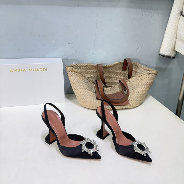 AMINA CRYSTAL 100MM HIGH HEELS IN BLACK SATIN