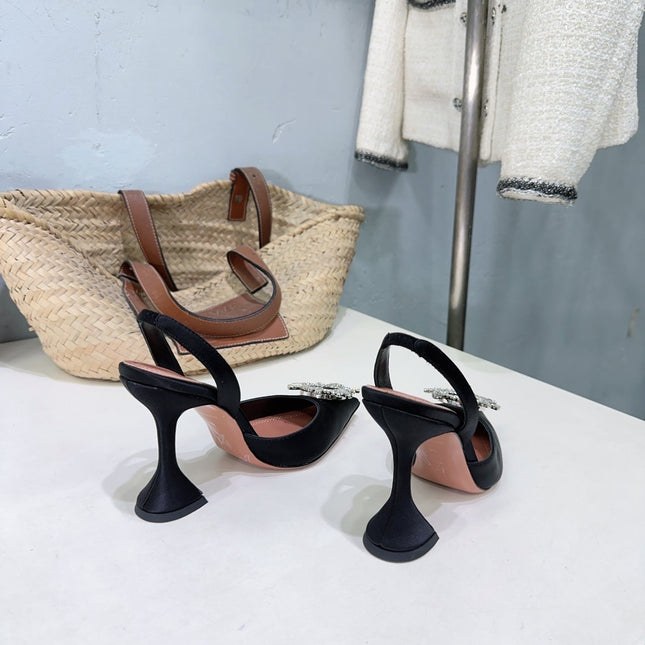 AMINA CRYSTAL 100MM HIGH HEELS IN BLACK SATIN