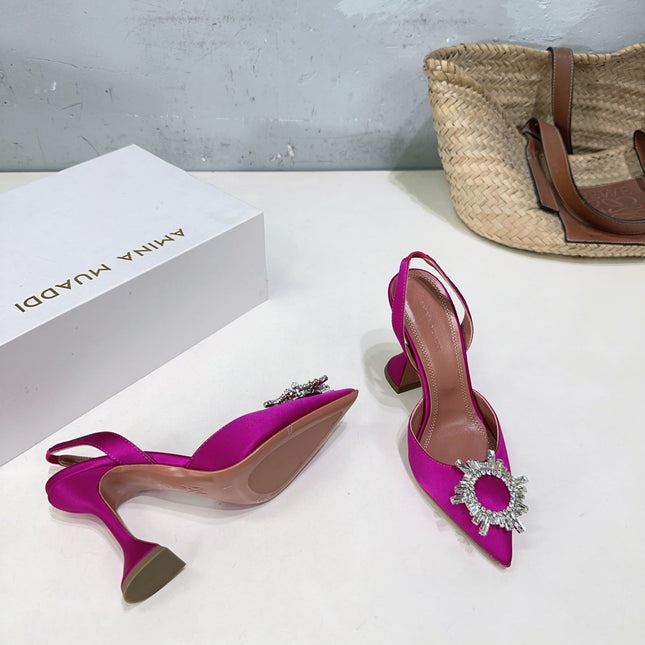 AMINA CRYSTAL 100MM HIGH HEELS IN FUCHSIA PINK SATIN