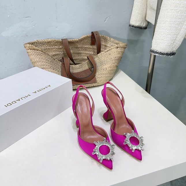 AMINA CRYSTAL 100MM HIGH HEELS IN FUCHSIA PINK SATIN