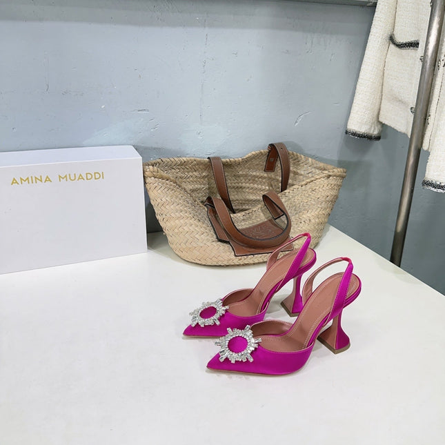 AMINA CRYSTAL 100MM HIGH HEELS IN FUCHSIA PINK SATIN