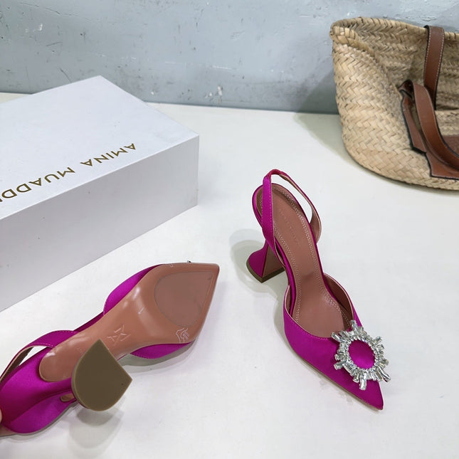 AMINA CRYSTAL 100MM HIGH HEELS IN FUCHSIA PINK SATIN