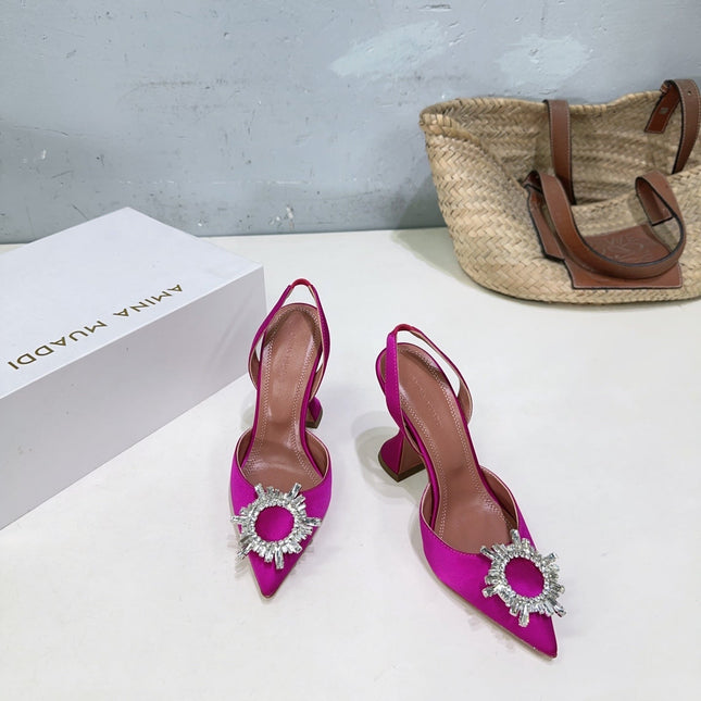 AMINA CRYSTAL 100MM HIGH HEELS IN FUCHSIA PINK SATIN