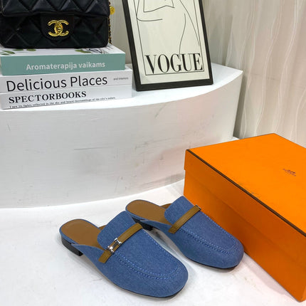 IENA MULE LAPIS CANVAS AND CARAMEL CALFSKIN