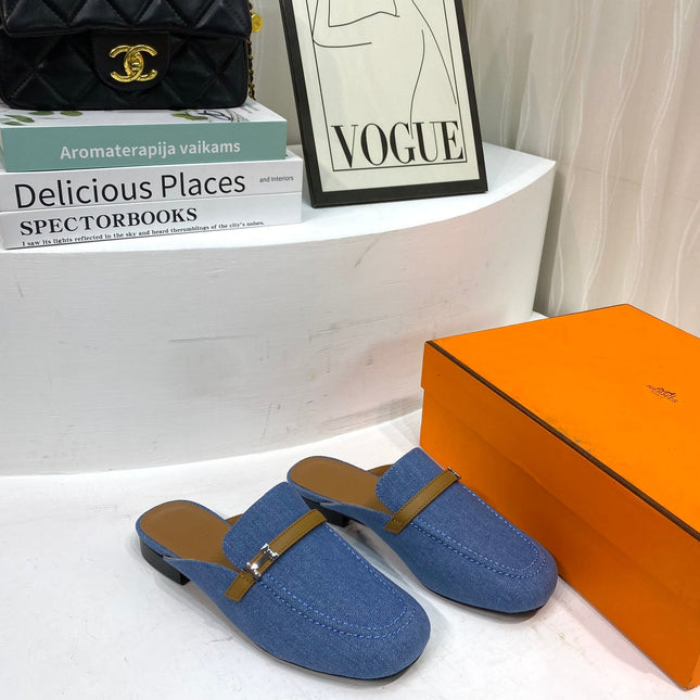IENA MULE LAPIS CANVAS AND CARAMEL CALFSKIN