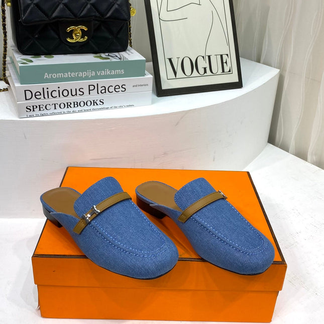 IENA MULE LAPIS CANVAS AND CARAMEL CALFSKIN