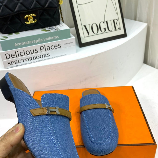 IENA MULE LAPIS CANVAS AND CARAMEL CALFSKIN