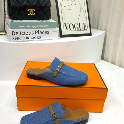 IENA MULE LAPIS CANVAS AND CARAMEL CALFSKIN