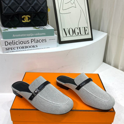 IENA MULE  GRAY CANVAS AND BLACK CALFSKIN