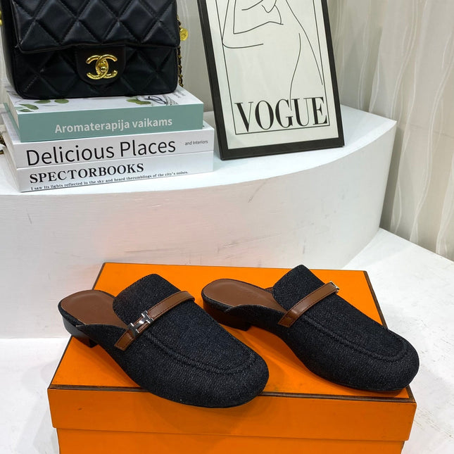 IENA MULE  BLACK CANVAS AND BROWN CALFSKIN