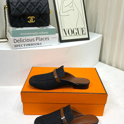 IENA MULE  BLACK CANVAS AND BROWN CALFSKIN