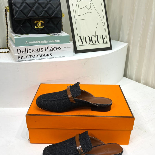 IENA MULE  BLACK CANVAS AND BROWN CALFSKIN