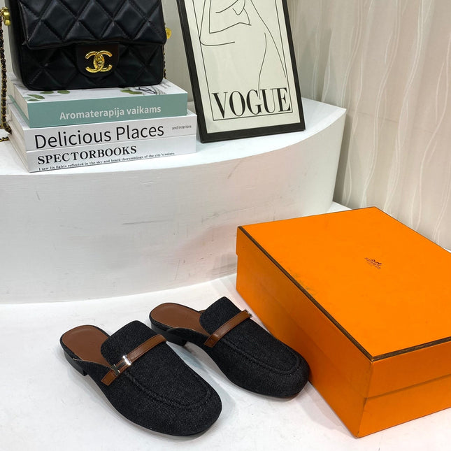 IENA MULE  BLACK CANVAS AND BROWN CALFSKIN