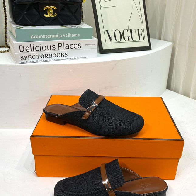 IENA MULE  BLACK CANVAS AND BROWN CALFSKIN