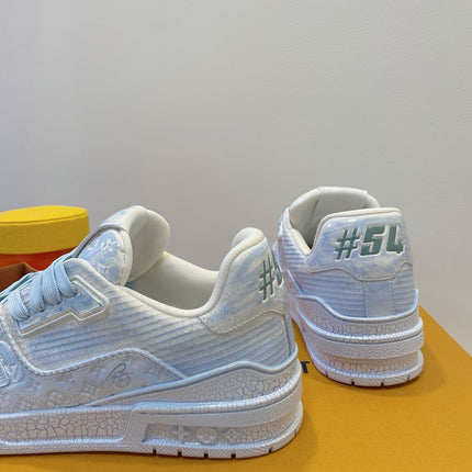 LV TRAINER MAXI SNEAKER IN WHITE MIX LIGHT BLUE EMBOSSED CALFSKIN