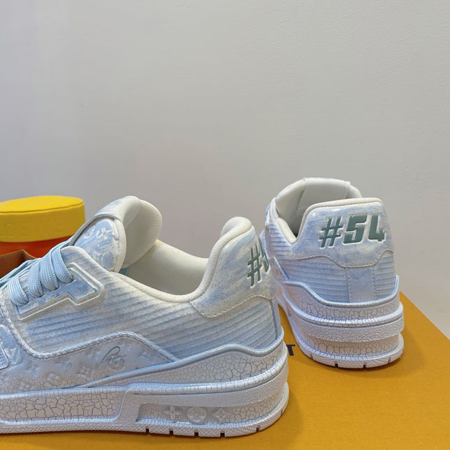 LV TRAINER MAXI SNEAKER IN WHITE MIX LIGHT BLUE EMBOSSED CALFSKIN