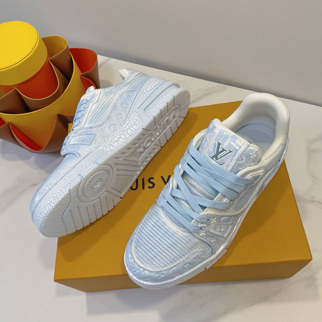LV TRAINER MAXI SNEAKER IN WHITE MIX LIGHT BLUE EMBOSSED CALFSKIN