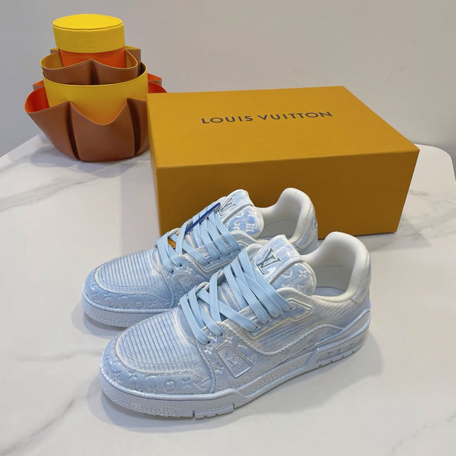 LV TRAINER MAXI SNEAKER IN WHITE MIX LIGHT BLUE EMBOSSED CALFSKIN