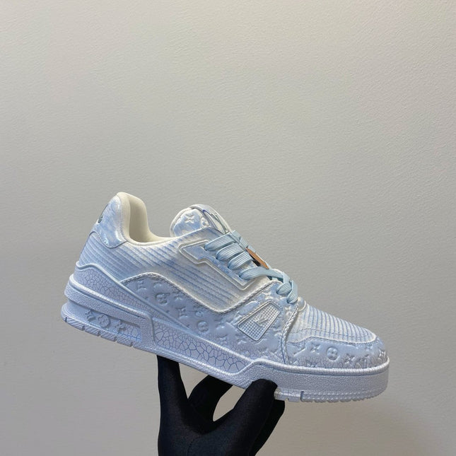 LV TRAINER MAXI SNEAKER IN WHITE MIX LIGHT BLUE EMBOSSED CALFSKIN
