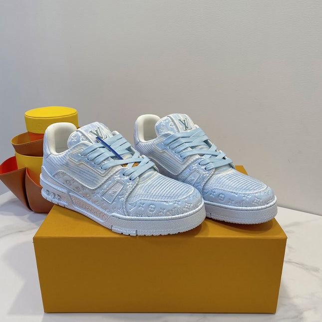 LV TRAINER MAXI SNEAKER IN WHITE MIX LIGHT BLUE EMBOSSED CALFSKIN