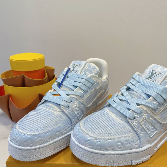 LV TRAINER MAXI SNEAKER IN WHITE MIX LIGHT BLUE EMBOSSED CALFSKIN