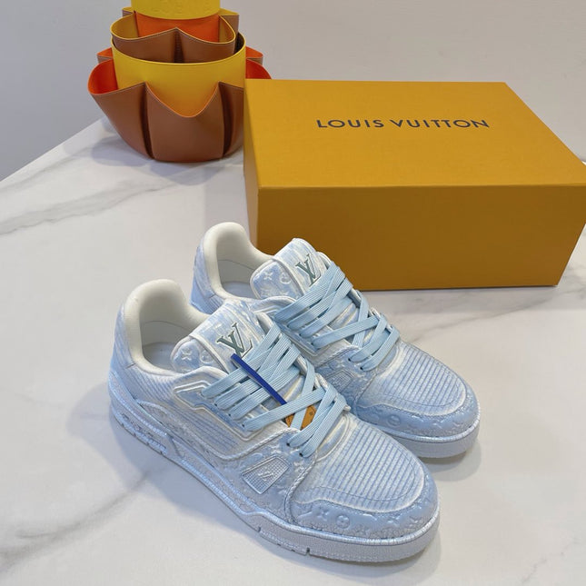 LV TRAINER MAXI SNEAKER IN WHITE MIX LIGHT BLUE EMBOSSED CALFSKIN