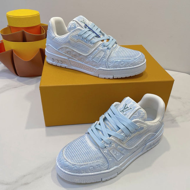 LV TRAINER MAXI SNEAKER IN WHITE MIX LIGHT BLUE EMBOSSED CALFSKIN