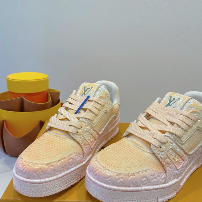 LV TRAINER MAXI SNEAKER IN LIGHT PINK OMBRE ORANGE EMBOSSED CALFSKIN