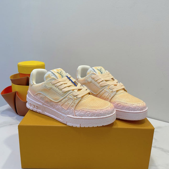 LV TRAINER MAXI SNEAKER IN LIGHT PINK OMBRE ORANGE EMBOSSED CALFSKIN