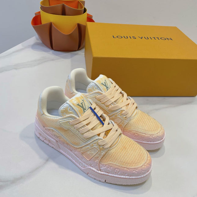 LV TRAINER MAXI SNEAKER IN LIGHT PINK OMBRE ORANGE EMBOSSED CALFSKIN